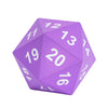 A purple D20 polyhedral dice showing the number 20, viewed at an angle.
