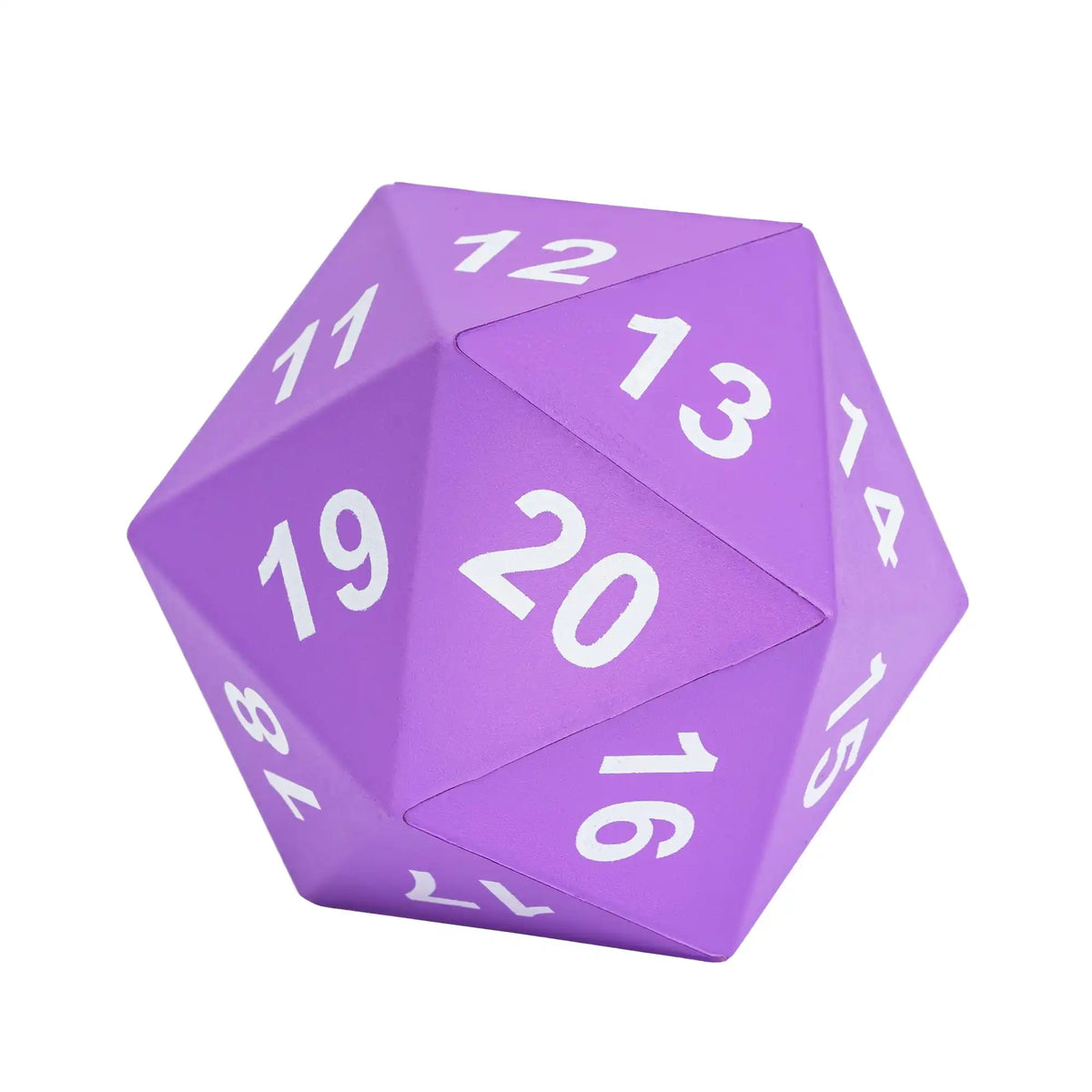 A purple D20 polyhedral dice showing the number 20, viewed at an angle.