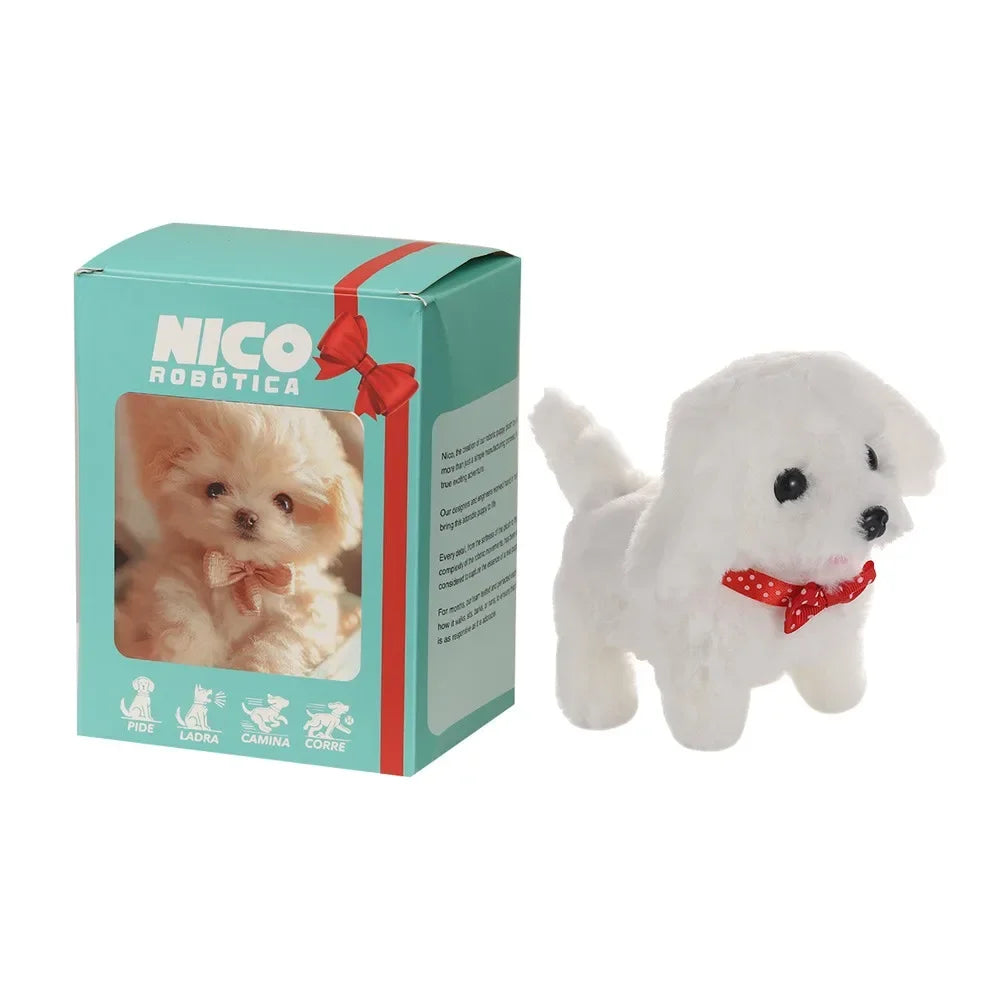 A white plush robot puppy with a red bow is shown next to its packaging box.