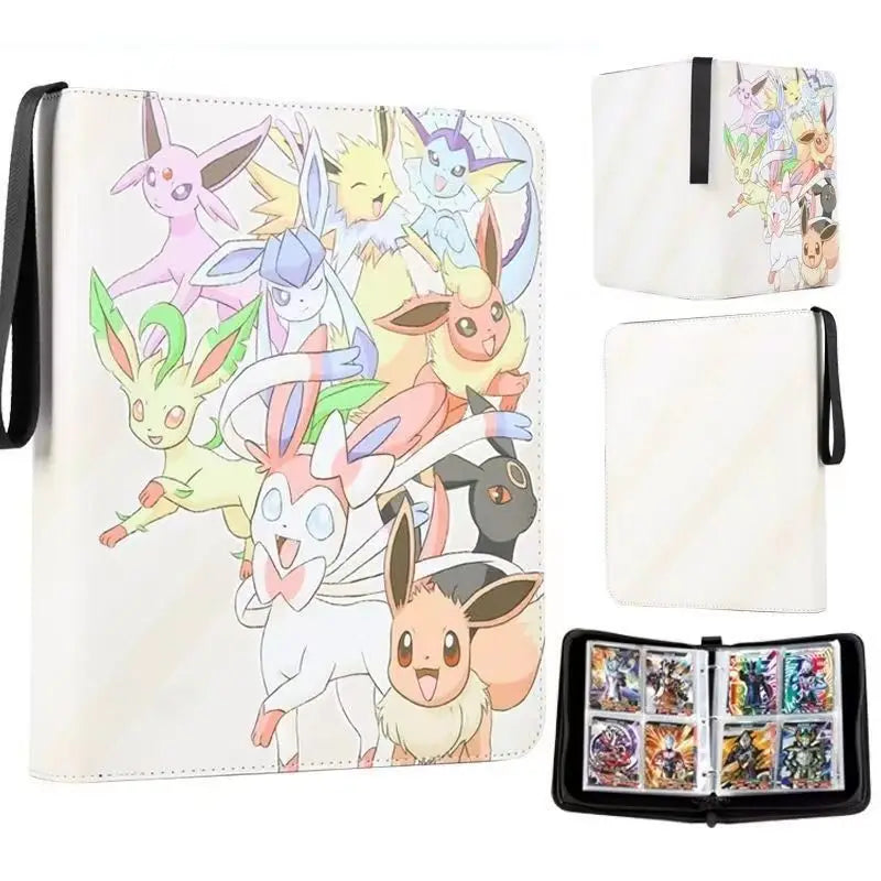 A white PU leather card binder with a zipper, featuring illustrations of various Pokémon characters.
