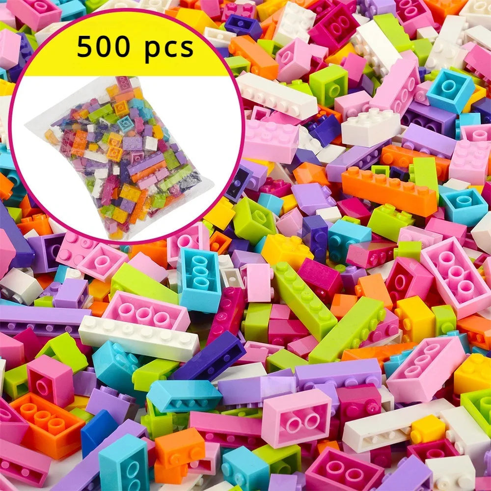 A close-up view of a large pile of colorful plastic building blocks in various shapes and sizes.