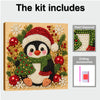 A Christmas themed pearl diamond painting kit featuring a penguin design on a wooden frame with drilling accessories.