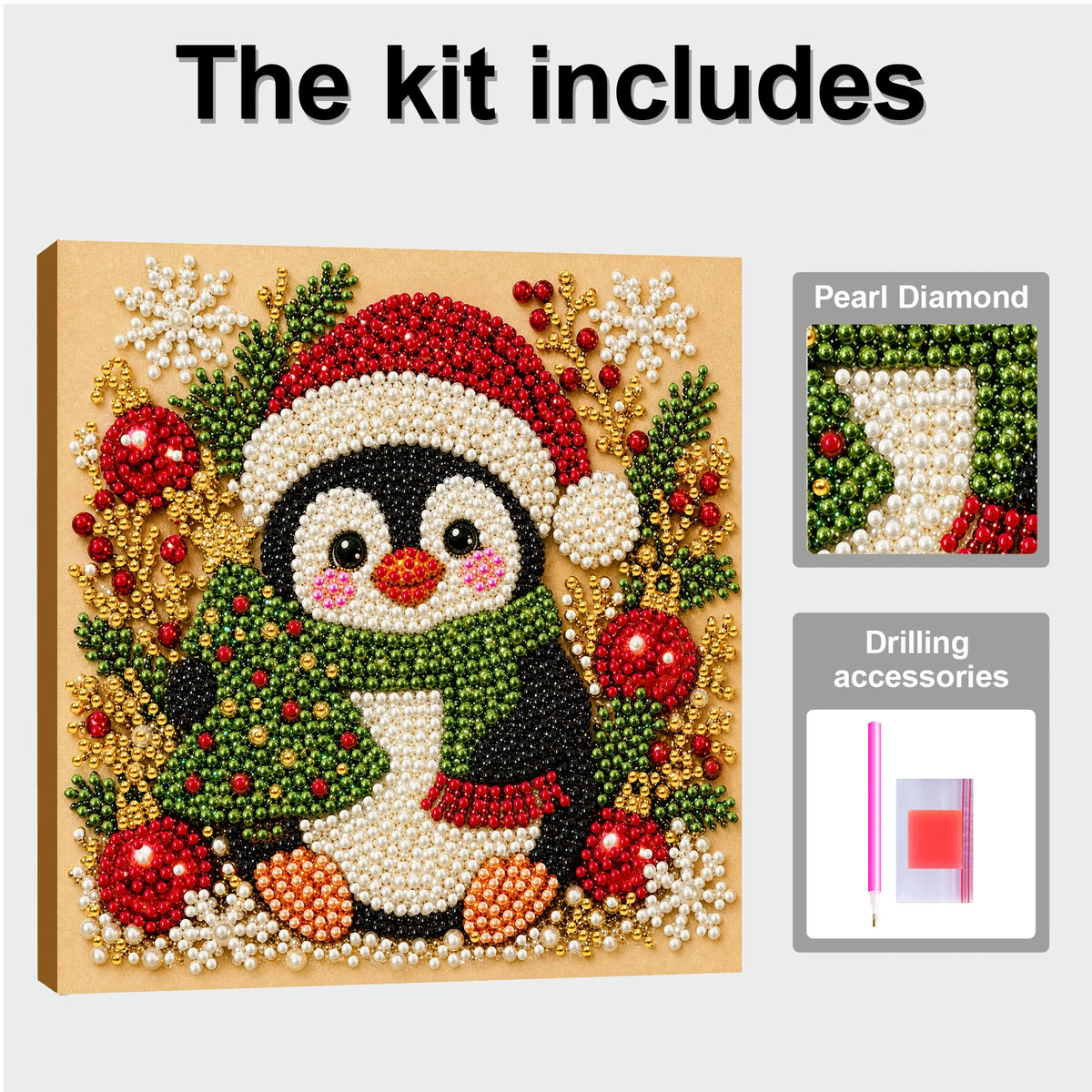 A Christmas themed pearl diamond painting kit featuring a penguin design on a wooden frame with drilling accessories.