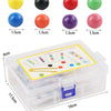 A set of colored wooden balls and a clear plastic container for a tube clamping game.