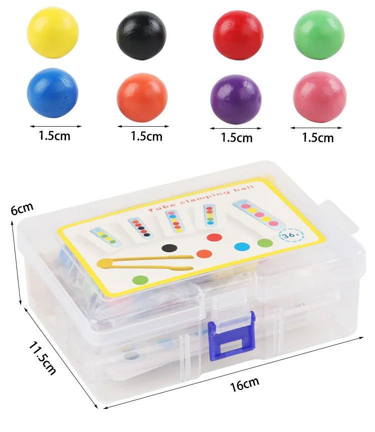 A set of colored wooden balls and a clear plastic container for a tube clamping game.