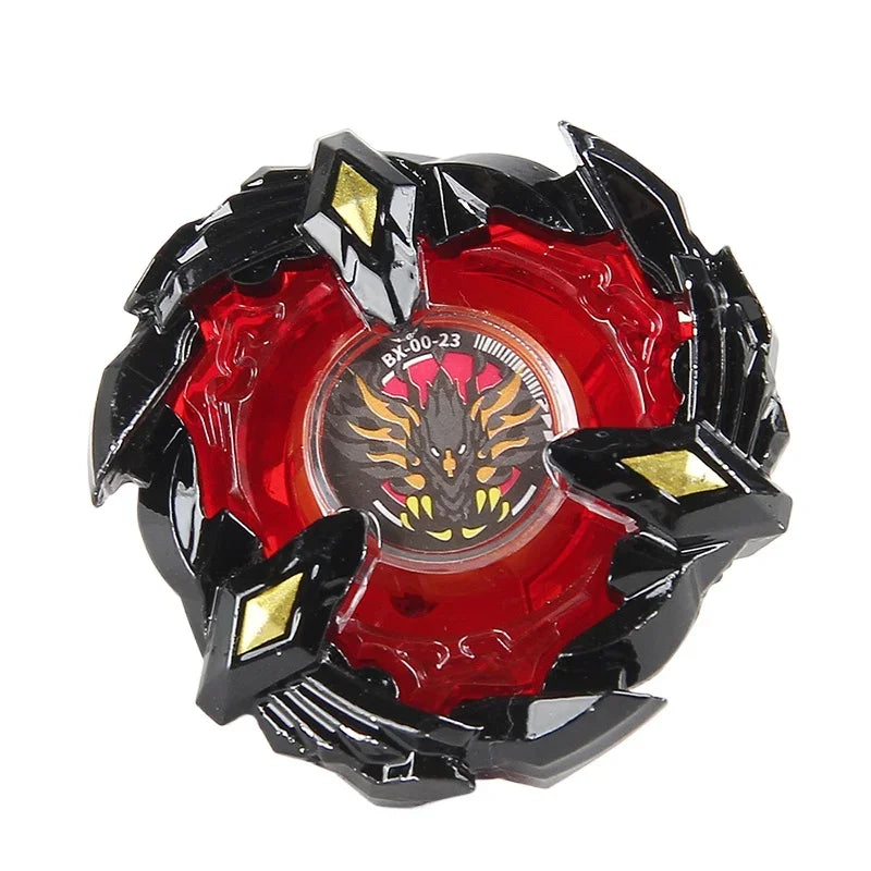 A black metal spinning top featuring a red core and an engraved design of an eagle.