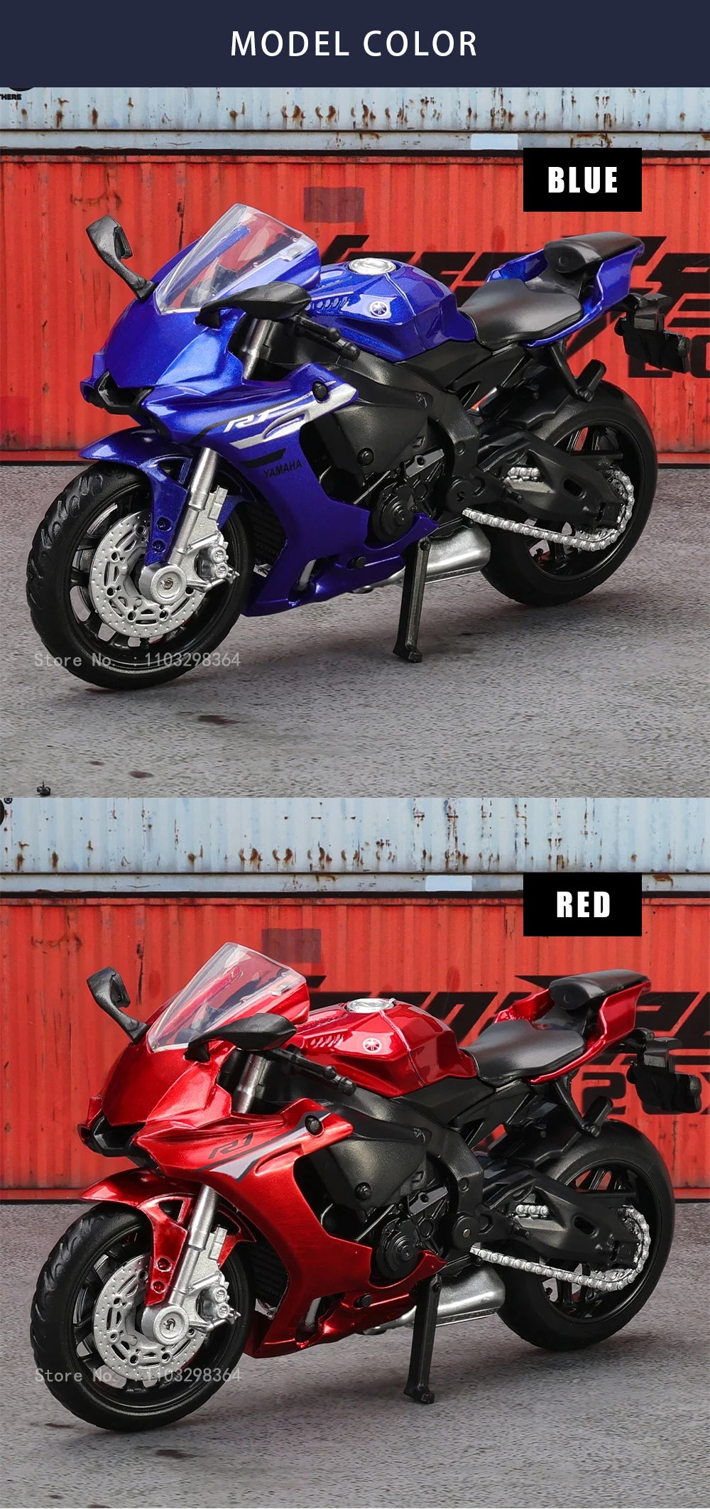 A blue Yamaha sport bike die-cast model shown in a studio setting.
