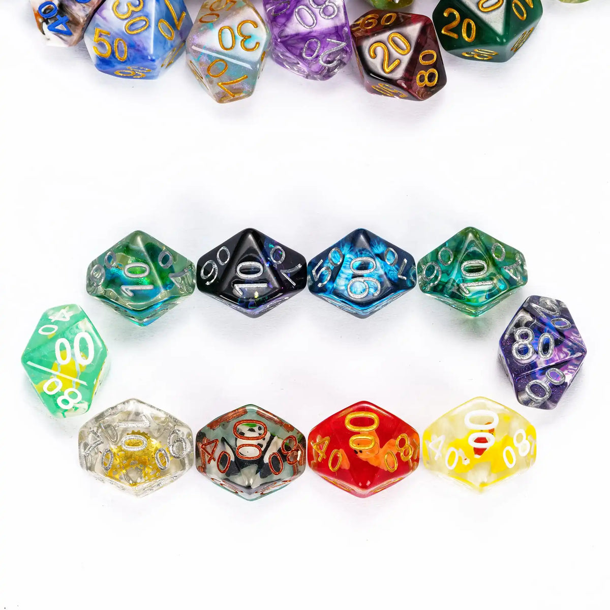A collection of seven polyhedral resin dice in various colors and patterns arranged in a circle.