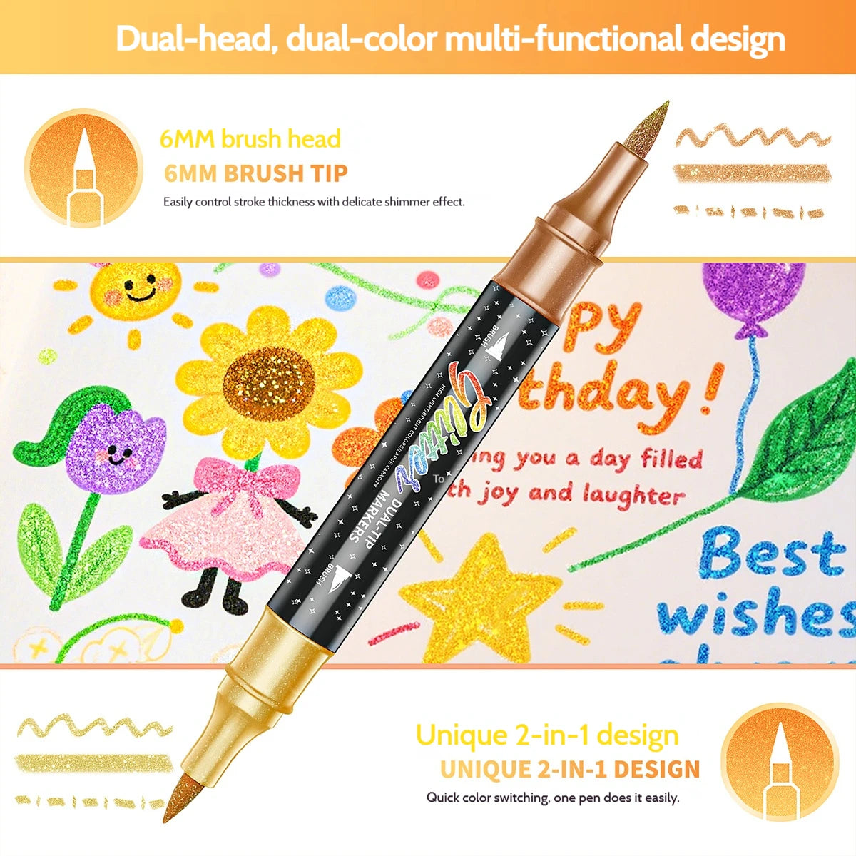 A set of dual-head, dual-color multi-functional brush pens with a metallic finish and glitter effect.
