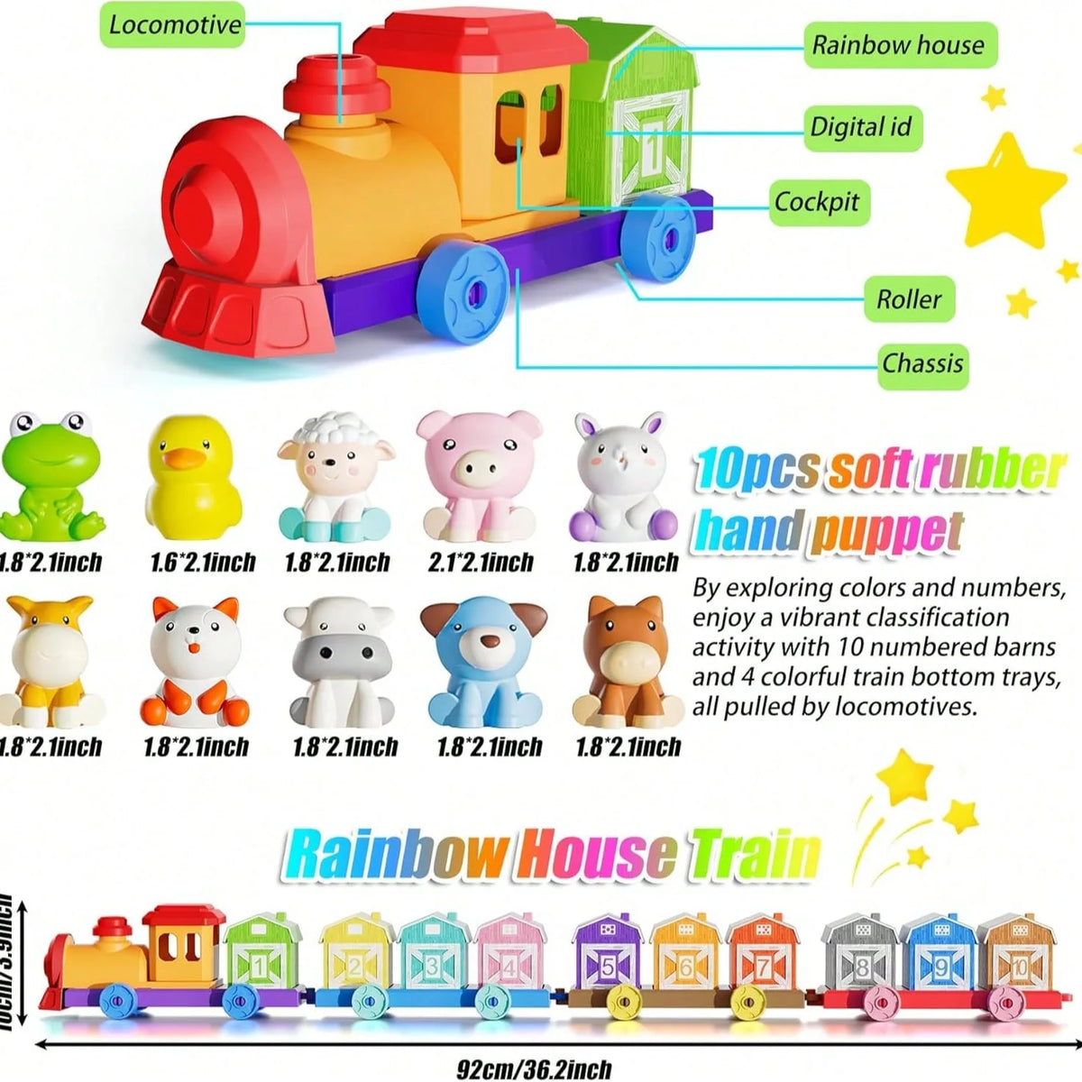 A colorful Rainbow House Train set featuring various farm animals and components for toddlers.