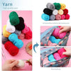 A complete crochet kit with yarn, hooks, and accessories stored in a fabric bag.