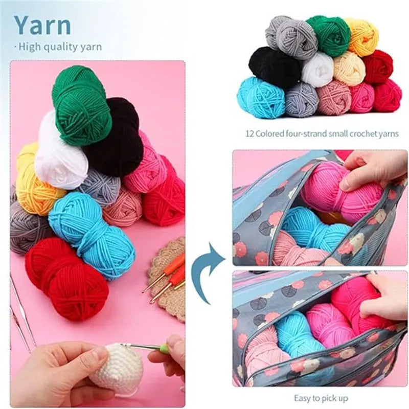 A complete crochet kit with yarn, hooks, and accessories stored in a fabric bag.