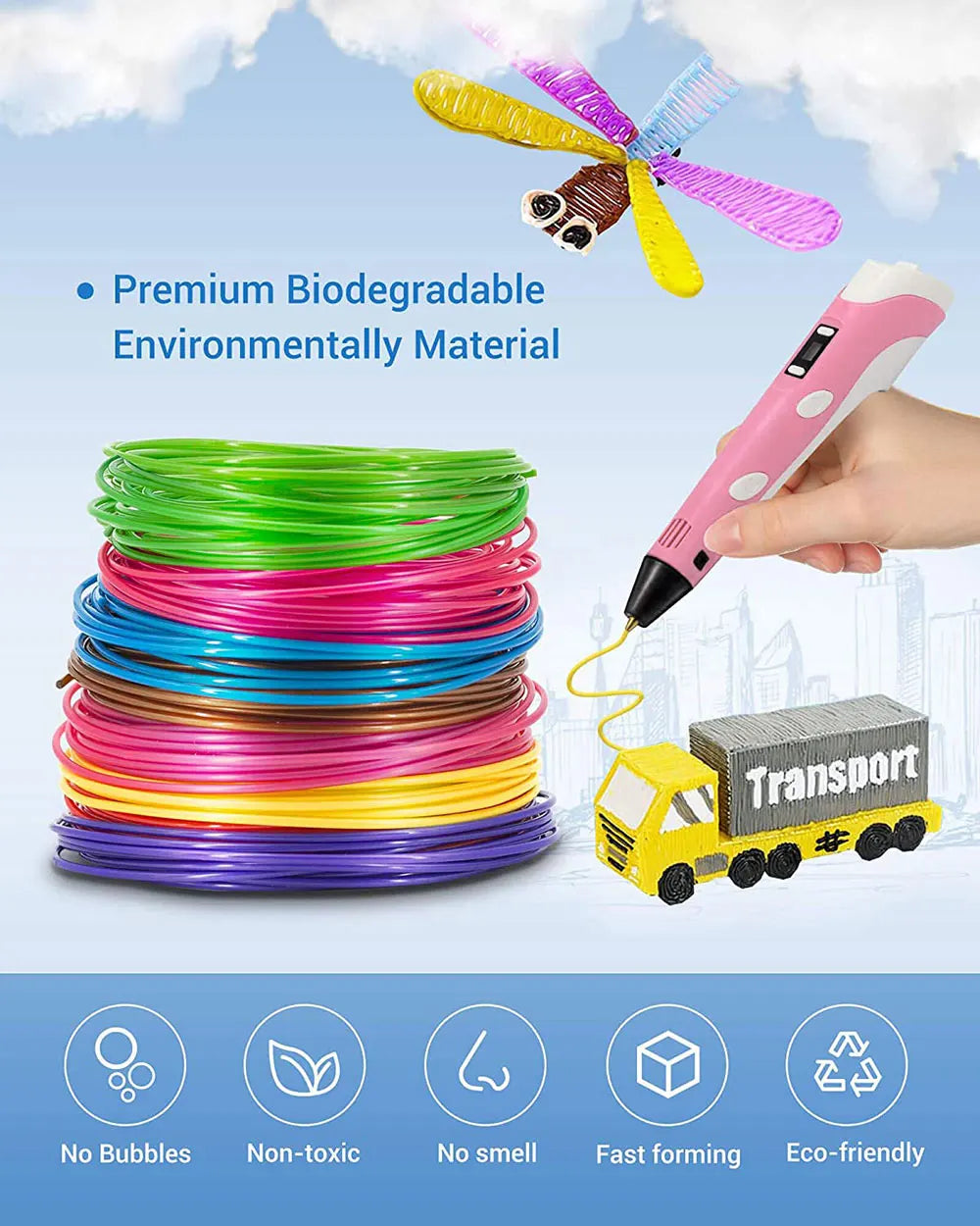 A hand holds a pink filament spool and a yellow fan-shaped component, next to coiled multi-colored PLA filament and a toy tra