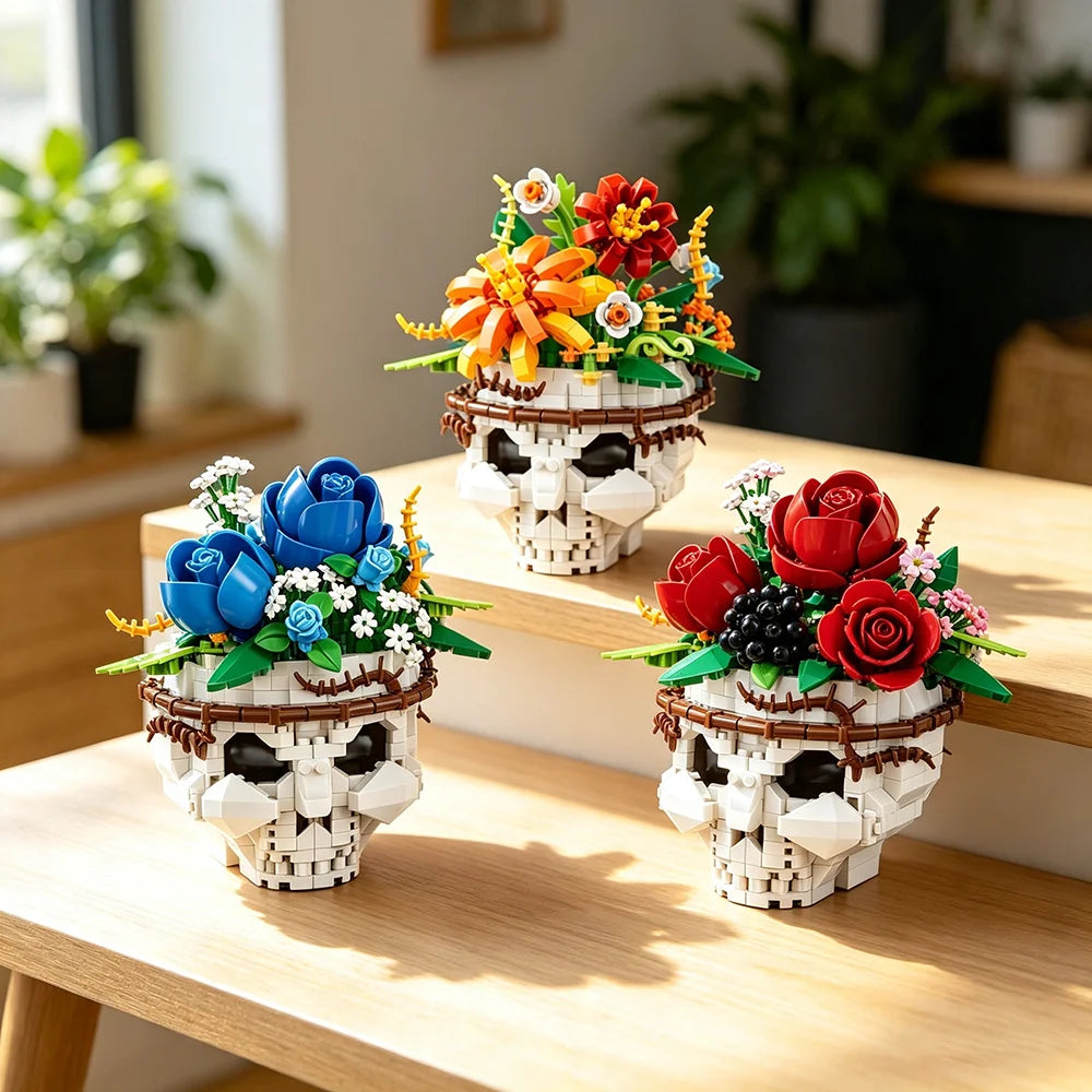 A set of gothic skull floral building blocks featuring detailed skulls and colorful flowers.