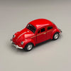 A glossy red classic retro Beetle diecast model car with chrome accents shown from the side.