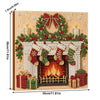 Diamond painting kit featuring a Christmas scene with a wreath, fireplace, and gifts made of pearls and beads.