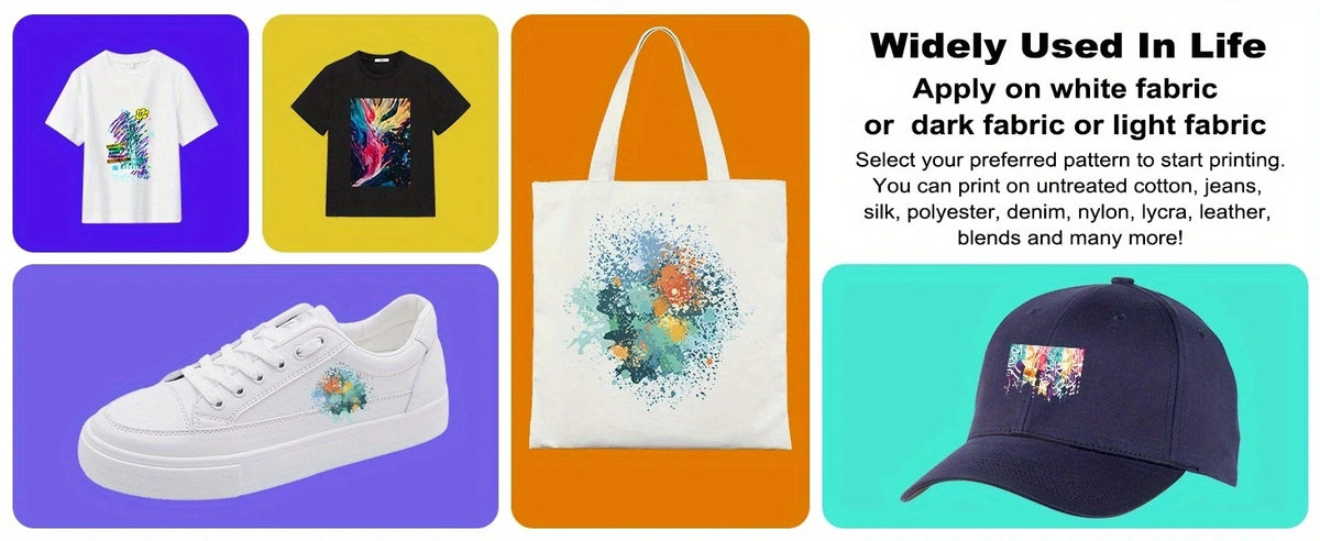 A collection of custom DTF transfer film sheets featuring designs on apparel and fabric.