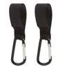 A pair of black aluminum alloy stroller hooks with nylon straps.