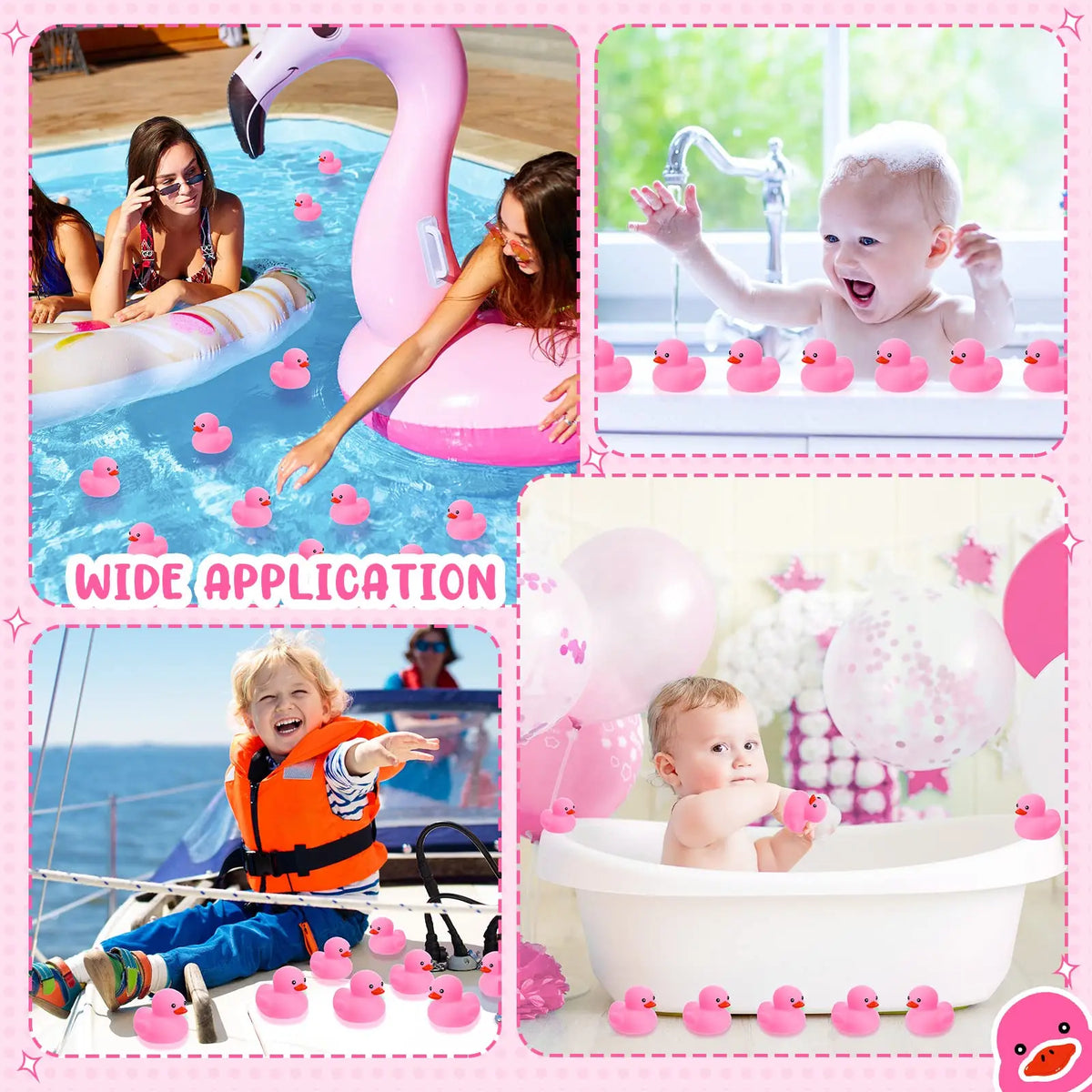 Pink mini rubber ducks set used for bath time and play with a baby
