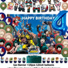 Hero-themed birthday party decoration set featuring a backdrop, balloons, cake topper, and cupcake toppers.
