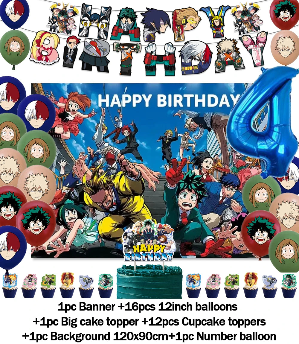Hero-themed birthday party decoration set featuring a backdrop, balloons, cake topper, and cupcake toppers.