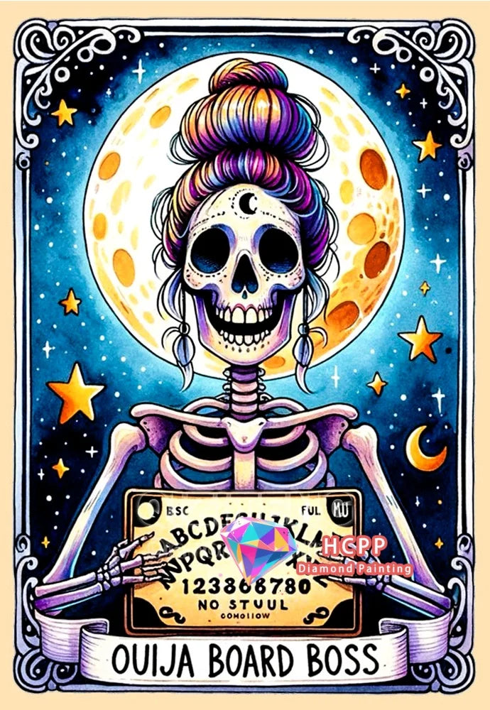 A diamond painting kit featuring a skull woman design with vibrant colors against a cosmic background.