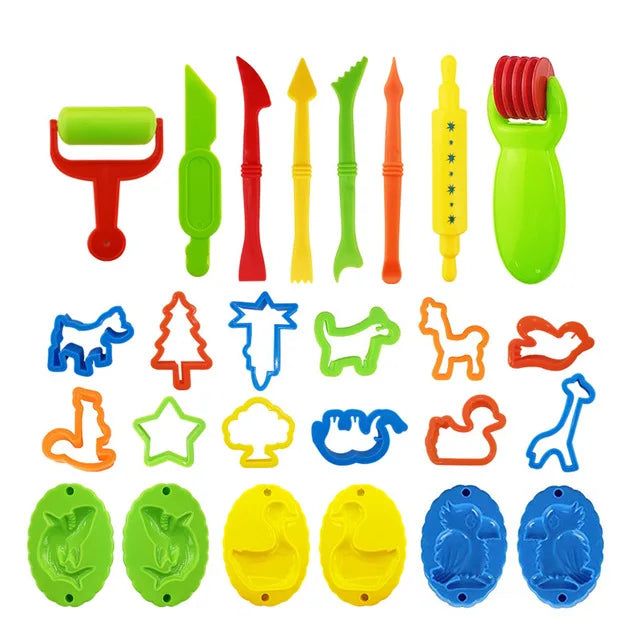 A set of colorful silicone tools and molds for creative play dough and sculpting activities.