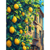 A vibrant painting of lush green leaves and yellow lemons growing on a tree against a bright blue sky.