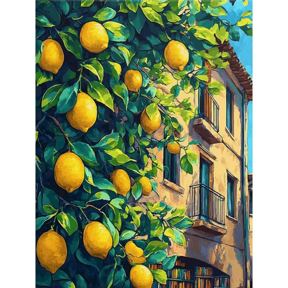 A vibrant painting of lush green leaves and yellow lemons growing on a tree against a bright blue sky.