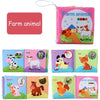 A collection of soft touch and feel baby books featuring farm animals like cows, goats, rabbits, and chicks.