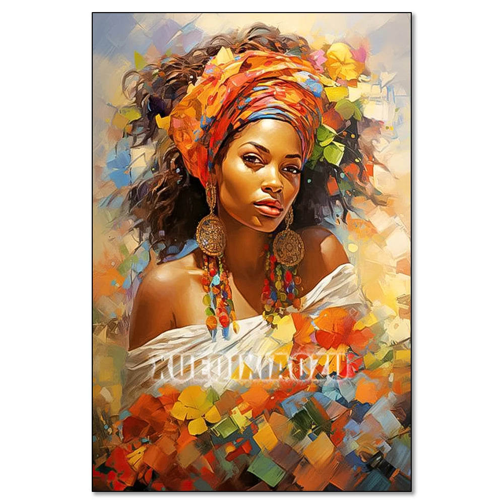 A vibrant painting of an African woman wearing a colorful head wrap and gold earrings.