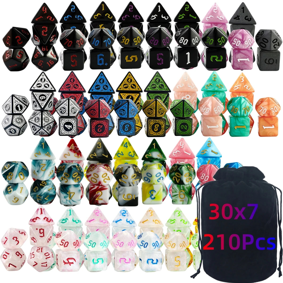 A large bag filled with 30x7 polyhedral dice in various colors and sizes for tabletop role-playing games