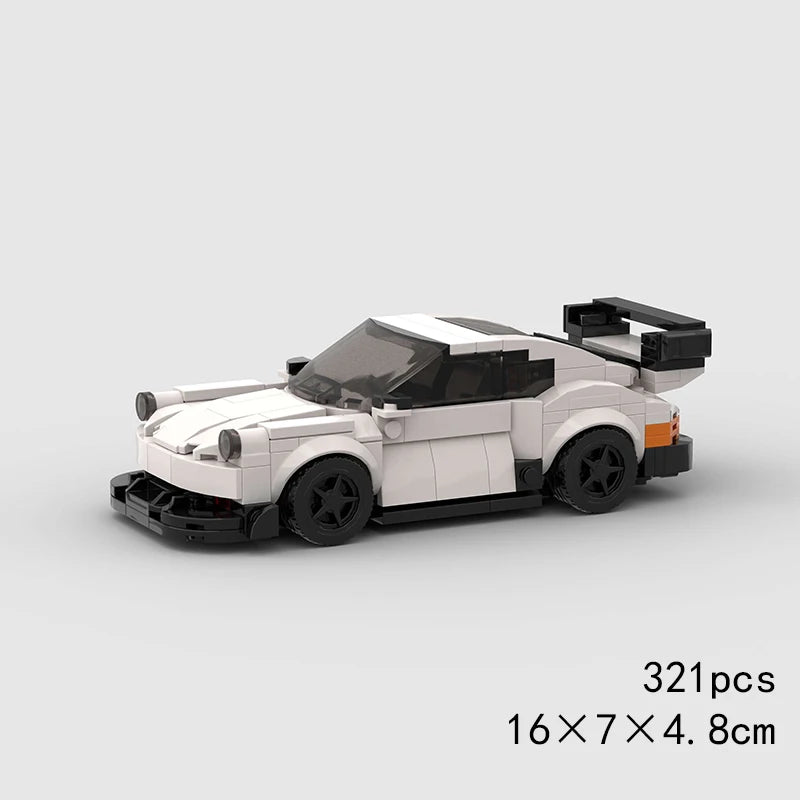 A white and black classic rally car building block set with orange accents.