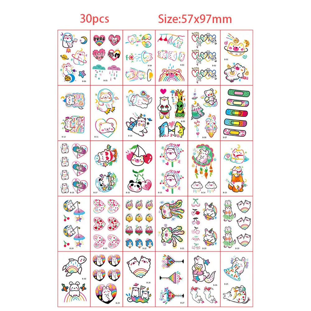 A sheet of 30 pieces of colorful temporary tattoos featuring various designs for kids and adults.