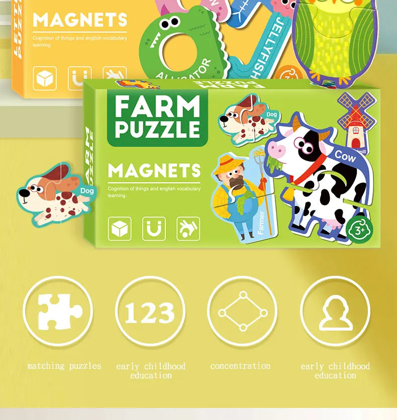 A set of farm and dog magnets and puzzles for early childhood learning featuring animals like cows and dogs.
