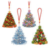 A set of Christmas diamond painting ornaments featuring colorful, sparkling trees suspended by red ribbons.