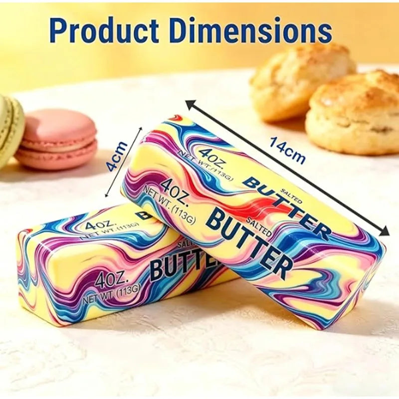 A yellow and purple squishy butter toy packaged in a colorful box with dimensions marked.
