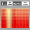 A sheet of round red self-adhesive dot labels with a yellow background, showing 260 pieces per sheet.