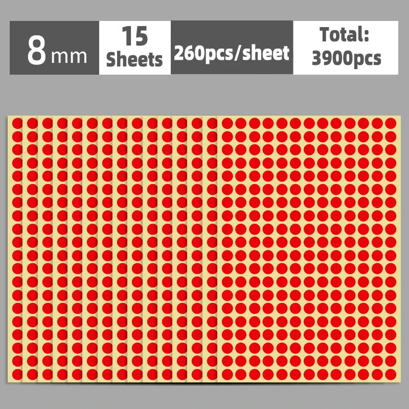 A sheet of round red self-adhesive dot labels with a yellow background, showing 260 pieces per sheet.