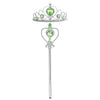 A silver crown and scepter set with green gemstones for a royal princess dress-up playset.