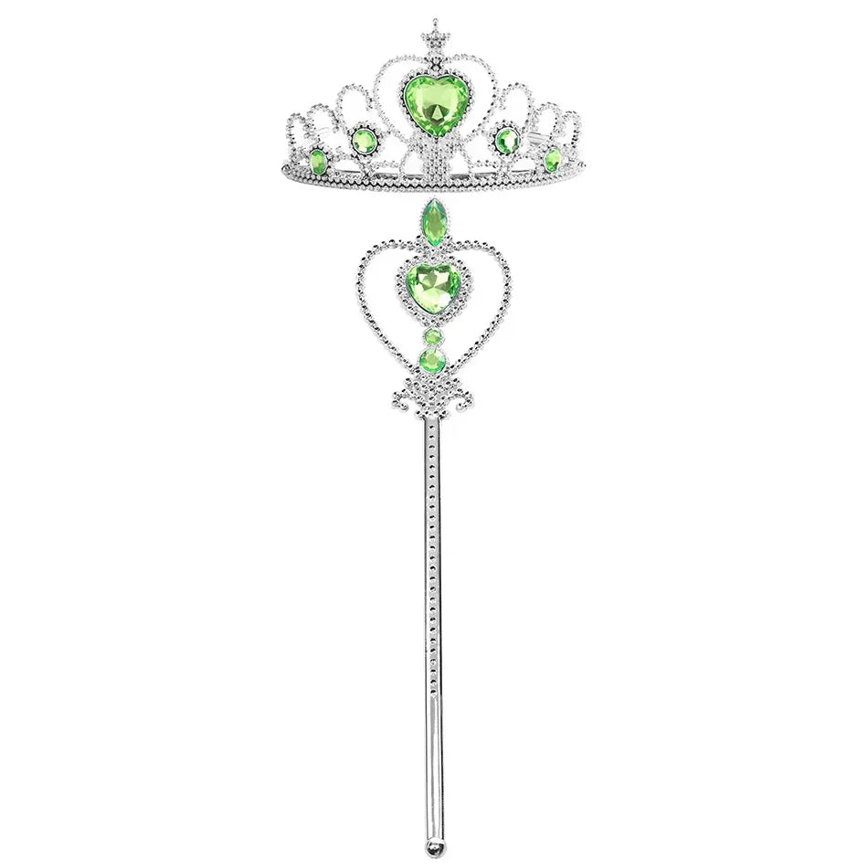 A silver crown and scepter set with green gemstones for a royal princess dress-up playset.