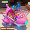 Pink toy airplane with an electric door open and colorful figures inside