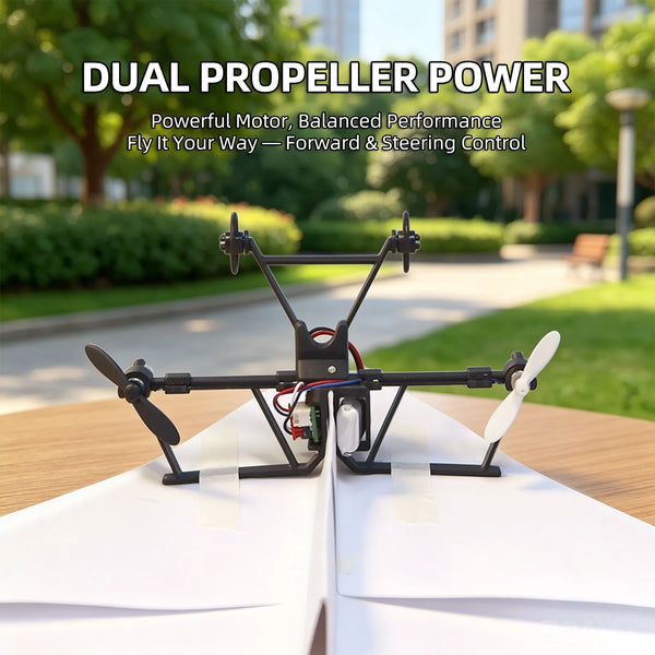 A dual propeller powered drone is shown resting on a white paper airplane.
