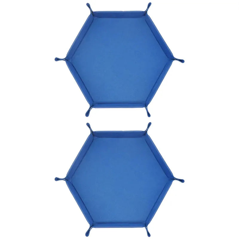 A blue foldable PU leather hexagonal dice tray for tabletop games and desk organization.