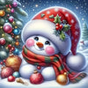 A cute white snowman wearing a red Santa hat and scarf sits next to a decorated Christmas tree in the snow.
