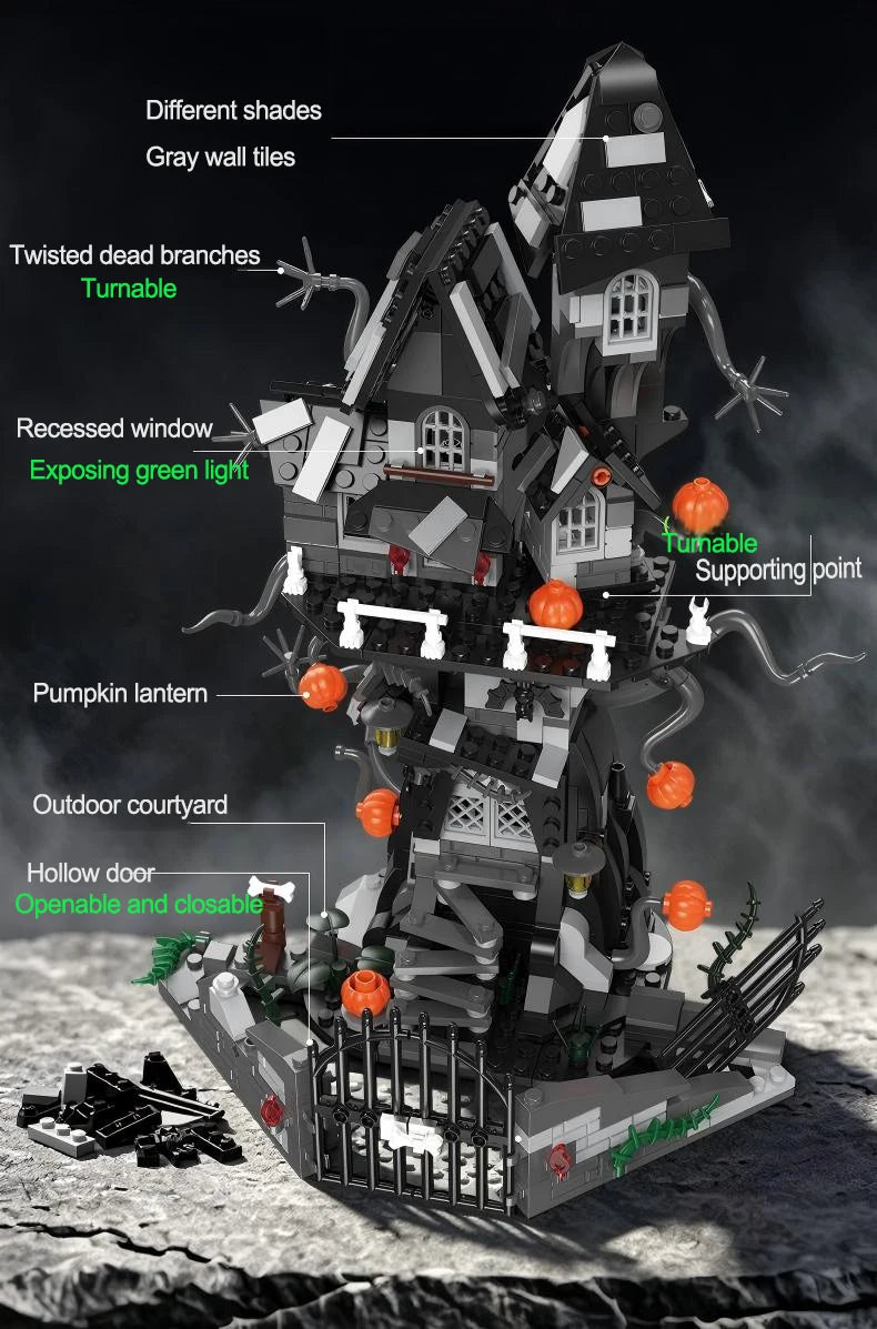 A detailed model of a spooky Halloween castle built from gray tiles, featuring twisted branches, windows, and a pumpkin lante