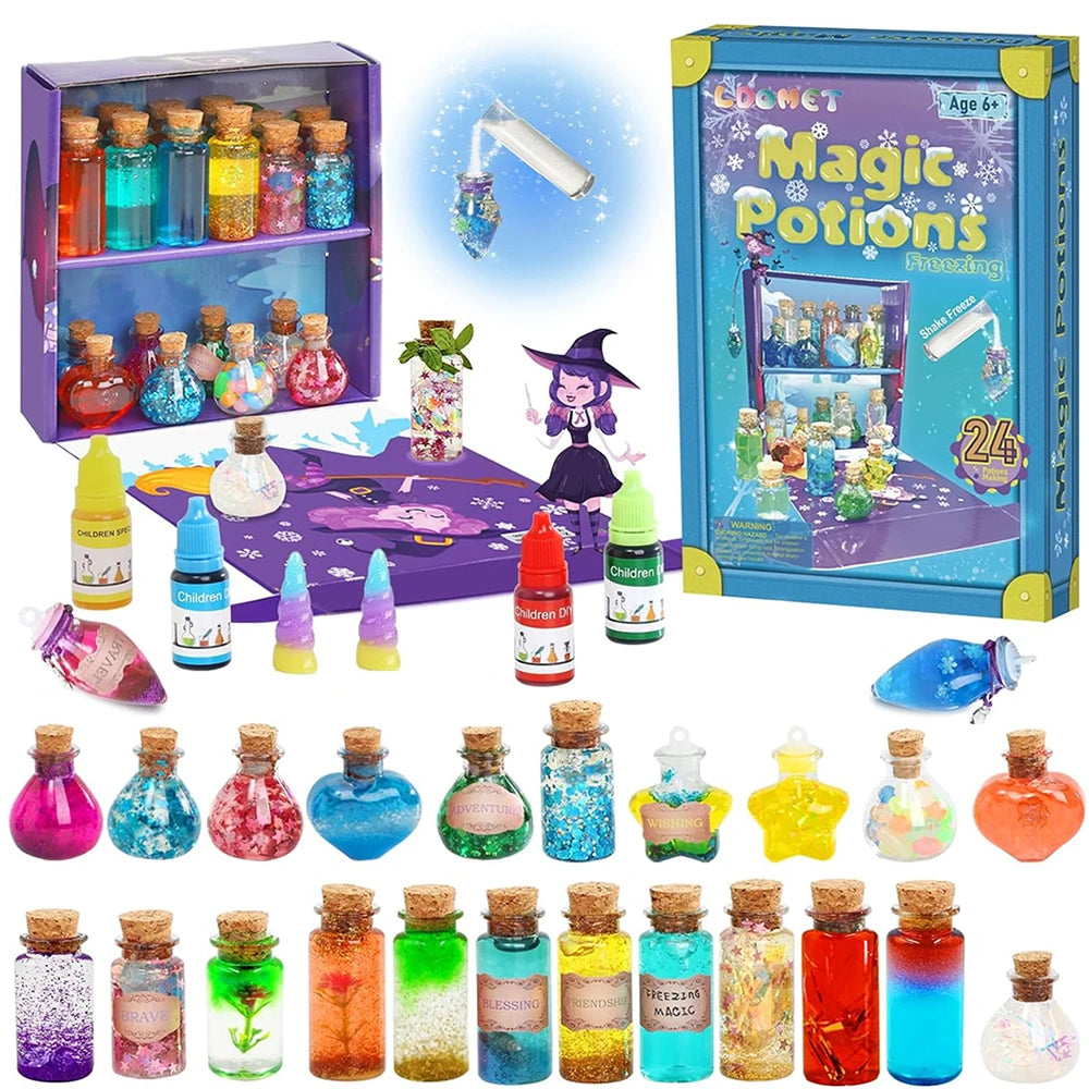 Kit de bricolage magique coloré avec différentes bouteilles de verre remplies de liquides et d'ingrédients.