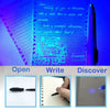 An invisible ink spy pen set with a UV light revealing a secret message on paper.