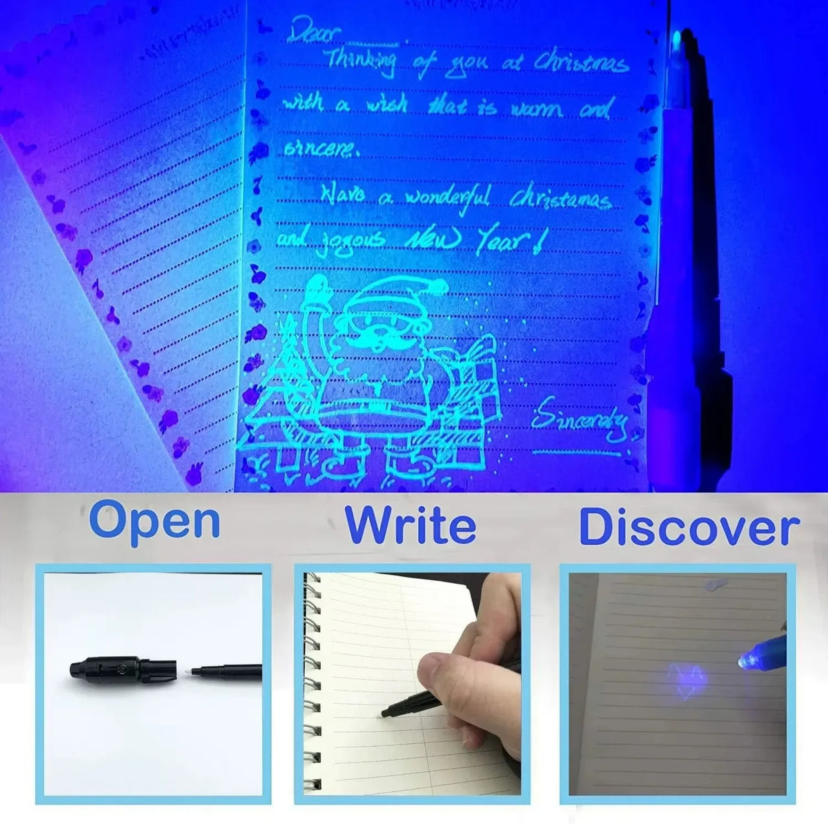 An invisible ink spy pen set with a UV light revealing a secret message on paper.