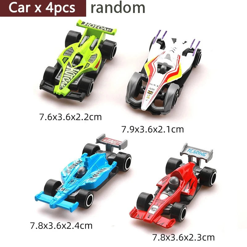 A set of four random DIY flexible track racing cars in various colors and sizes.